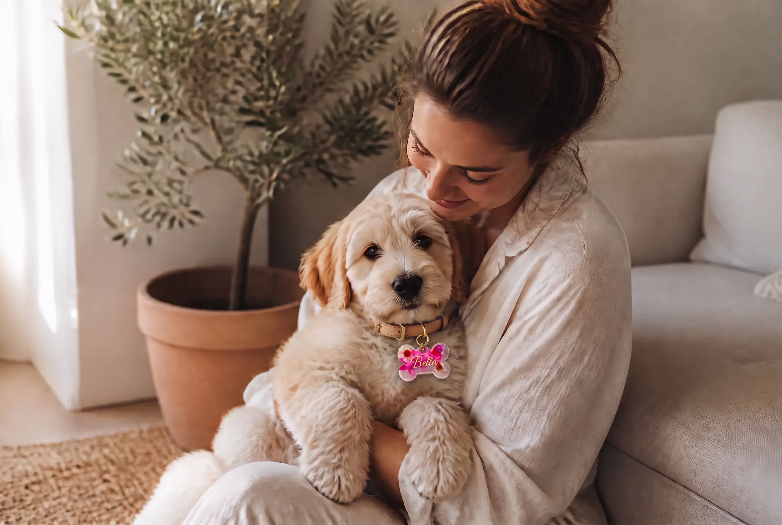 A woman sitting in morning light at home, holding a golden puppy
